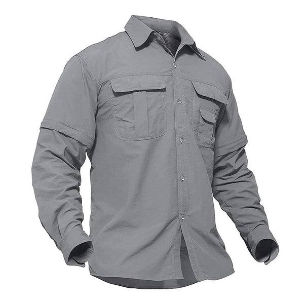 Camisa masculina 2 em 1, manga comprida, proteção UV, tecido de nylon respirável e de secagem rápida, color gris claro