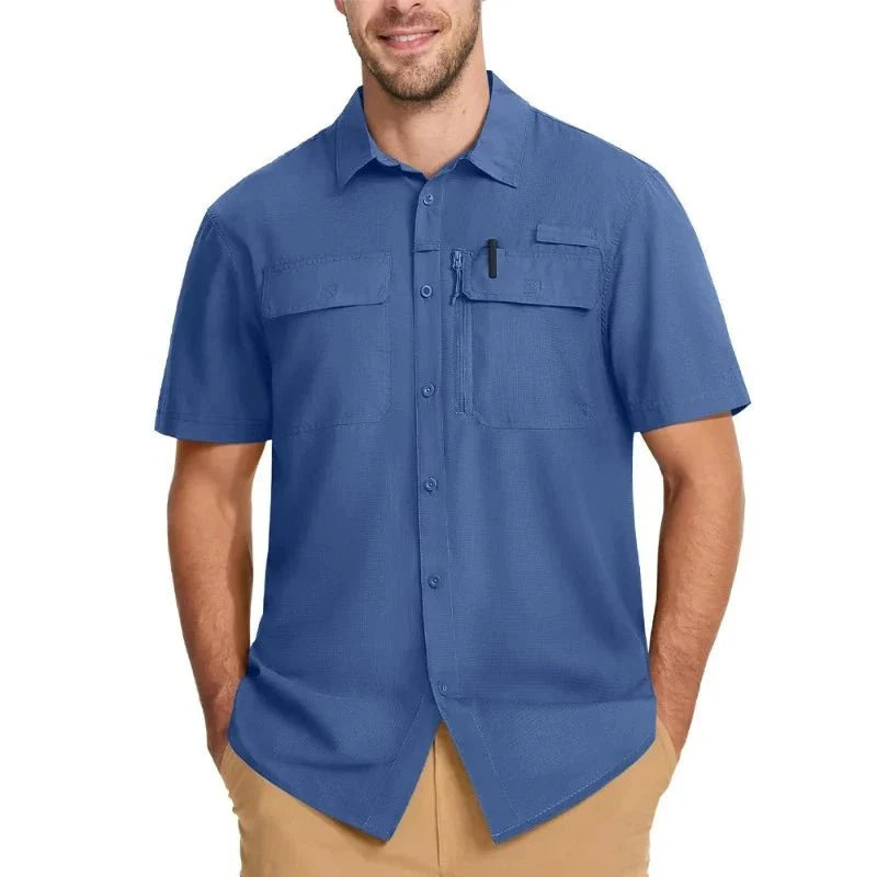 Camisa de manga corta para hombre con protección UV 50+, azul