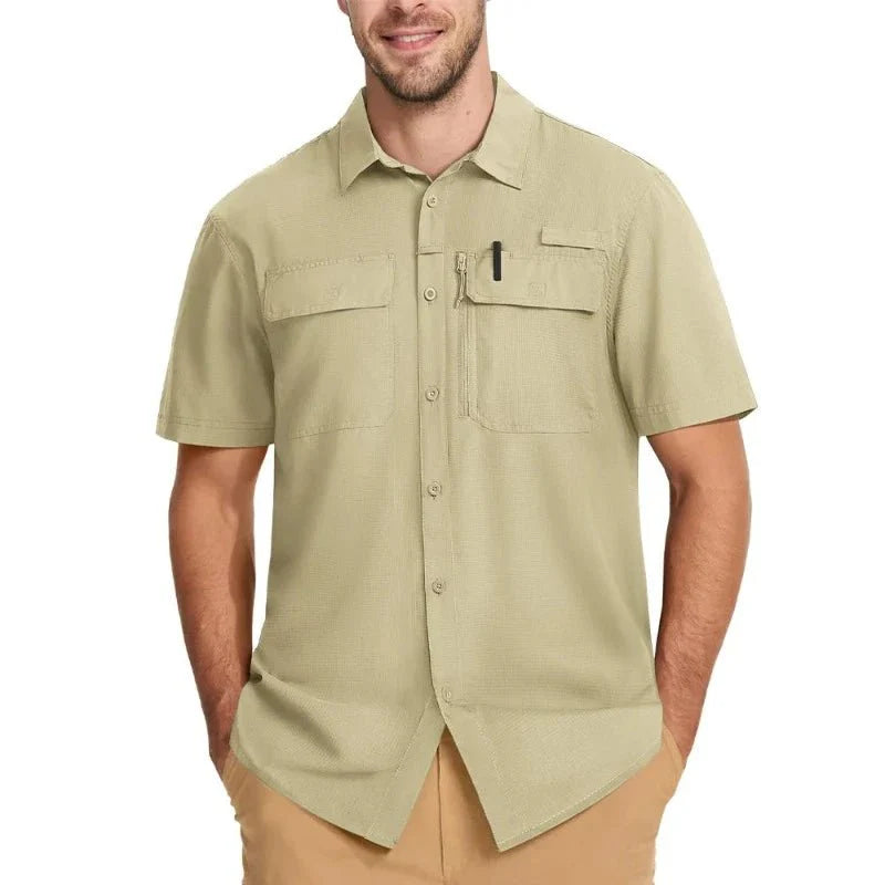 Camisa de manga corta para hombre con protección UV 50+, caqui