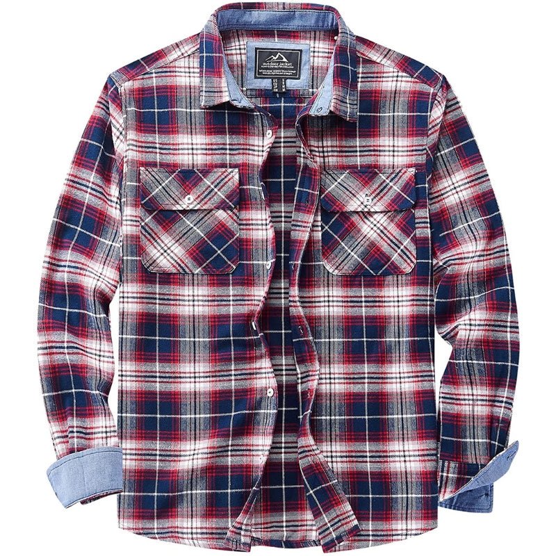 Camisa de franela a cuadros 100 % algodón de manga larga para hombre, rojo