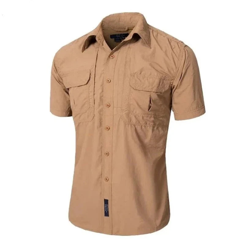 Camisa cómoda de manga corta para hombre Tejido de poliéster, ligero y fresco, color marrón