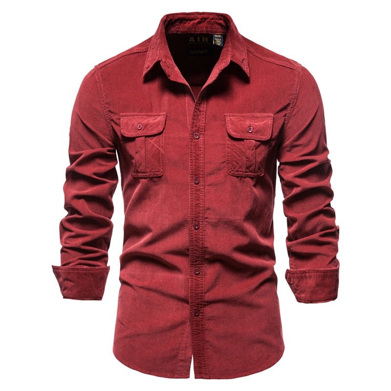 Camisa de pana de manga larga entallada para hombre bolsillos, puños abotonados color rojo