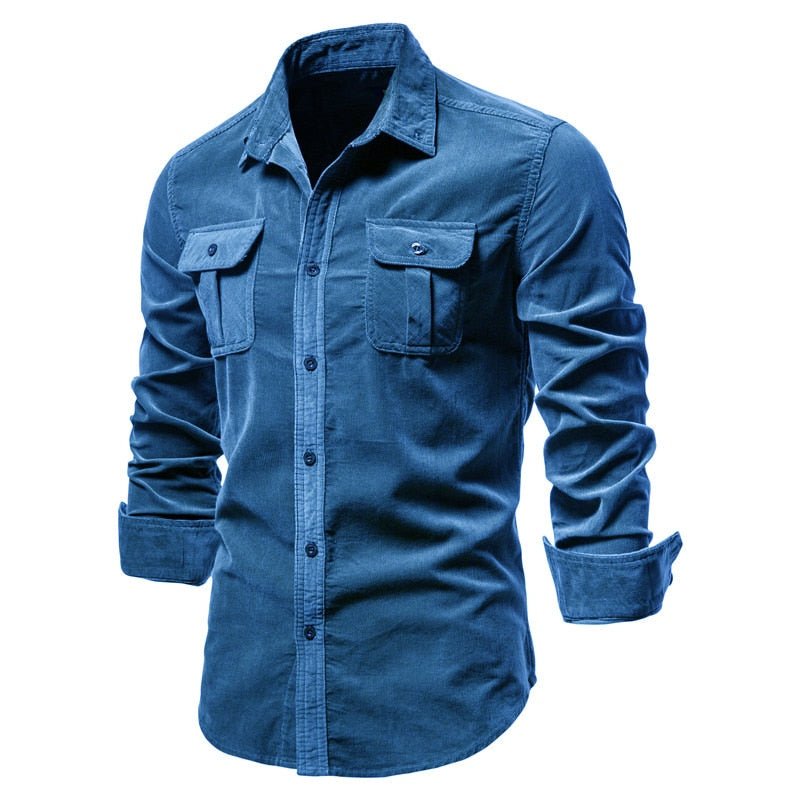 Camisa de pana de manga larga entallada para hombre bolsillos, puños abotonados color azul