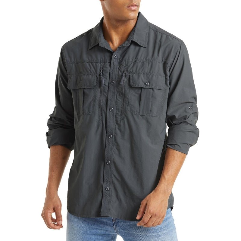 Camisa de manga larga para hombre con bolsillo con cremallera en tejido de nailon color gris oscuro