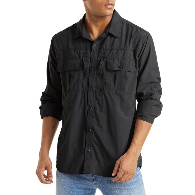 Camisa de manga larga para hombre con bolsillo con cremallera en tejido de nailon color negro