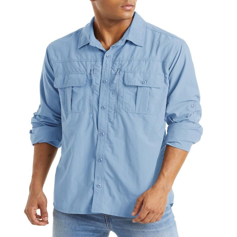 Camisa de manga larga para hombre con bolsillo con cremallera en tejido de nailon color azul cielo