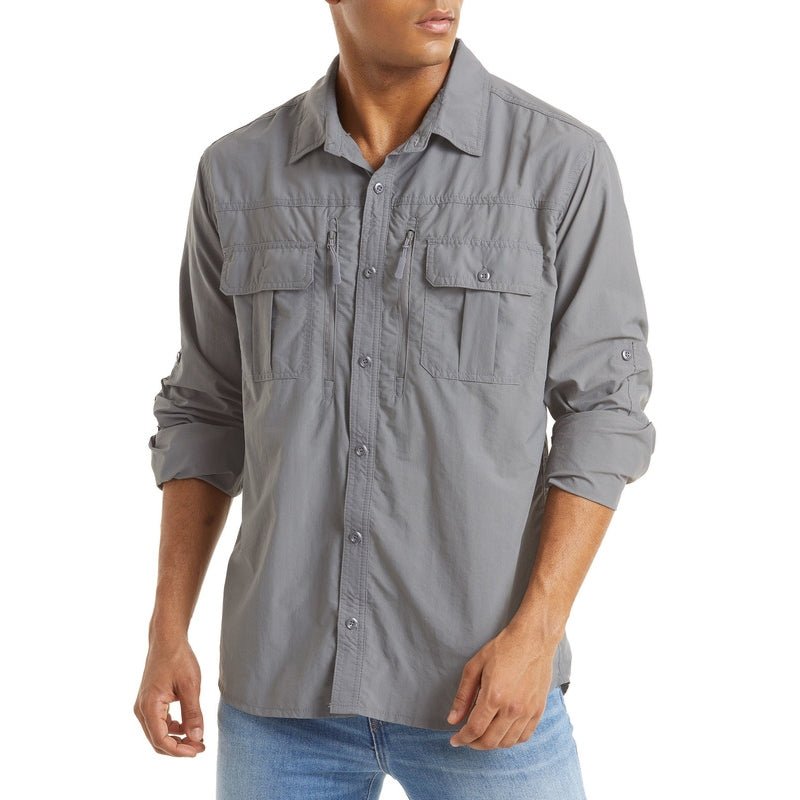 Camisa de manga larga para hombre con bolsillo con cremallera en tejido de nailon color gris