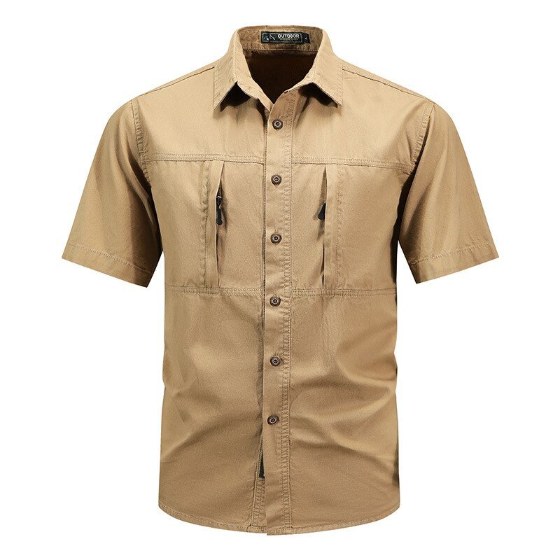 Camisa de manga corta de secado rápido para hombre tejido de poliéster satinado, color caqui