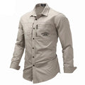 Camisa estilo militar de manga larga para hombre caqui