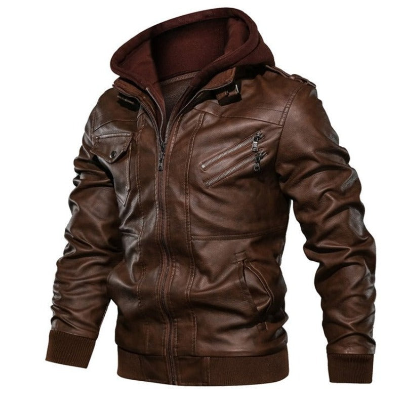 Chaqueta de Cuero moderna para hombre con capucha extraíble marrón