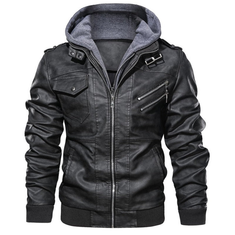 Chaqueta de Cuero moderna para hombre con capucha extraíble negra