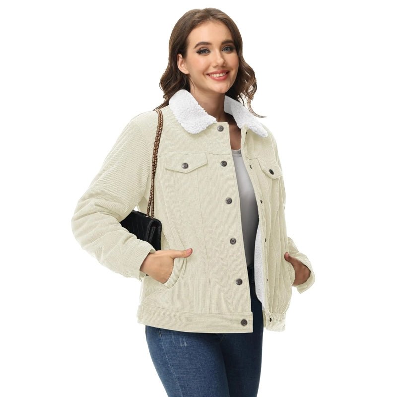 Chaqueta Hagel corta de mujer de pana con forro de sherpa beige