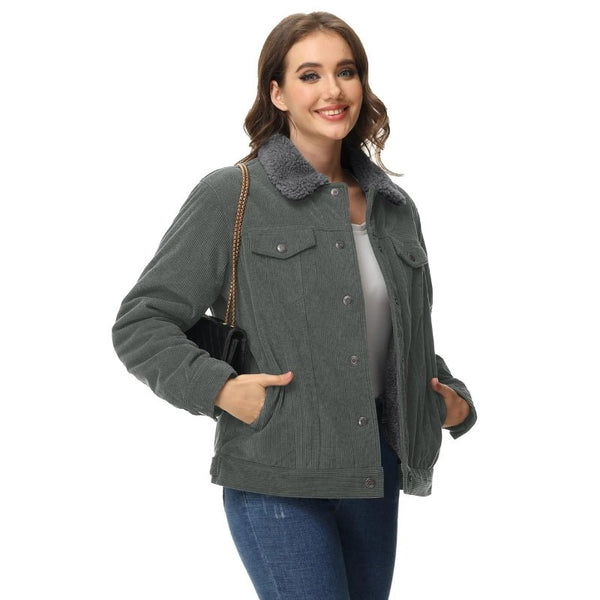 Chaqueta Hagel corta de mujer de pana con forro de sherpa gris oscuro