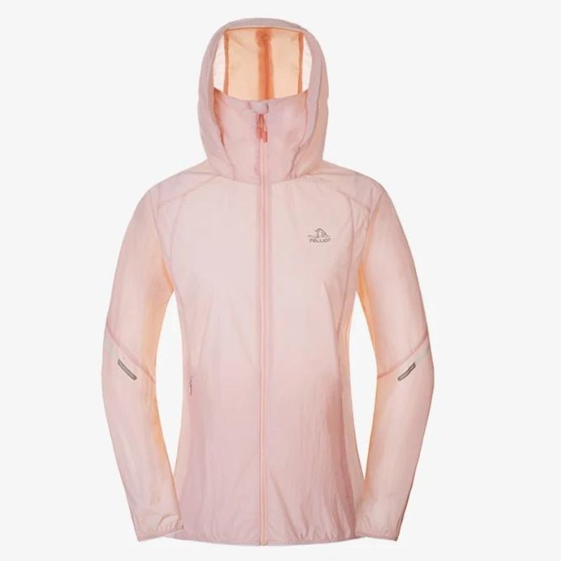 Chaqueta Cortavientos Mujer con Capucha, Visera y Protección UV50+ con secado rápido y bandas reflectantes en los brazos rosa.