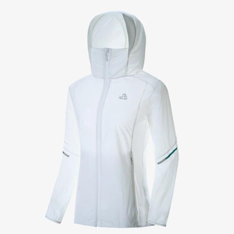 Chaqueta Cortavientos Mujer con Capucha, Visera y Protección UV50+ con secado rápido y bandas reflectantes en los brazos blanco