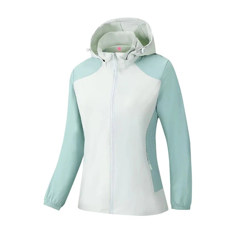 Chaqueta cortavientos para mujer con protección UV UPF 50+, con
capucha desmontable verde