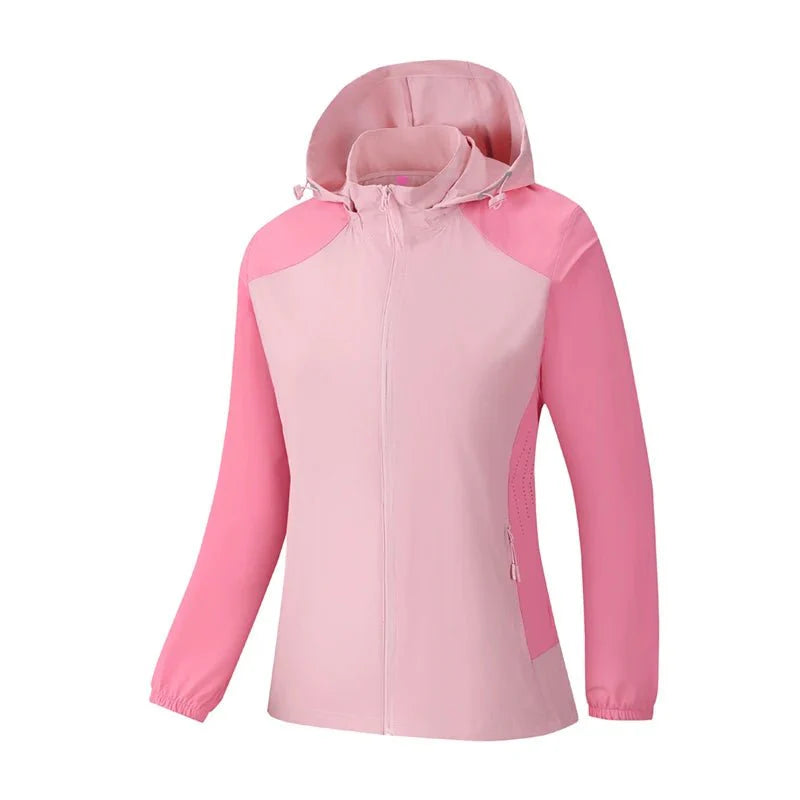 Chaqueta cortavientos para mujer con protección UV UPF 50+, con
capucha desmontable rosa