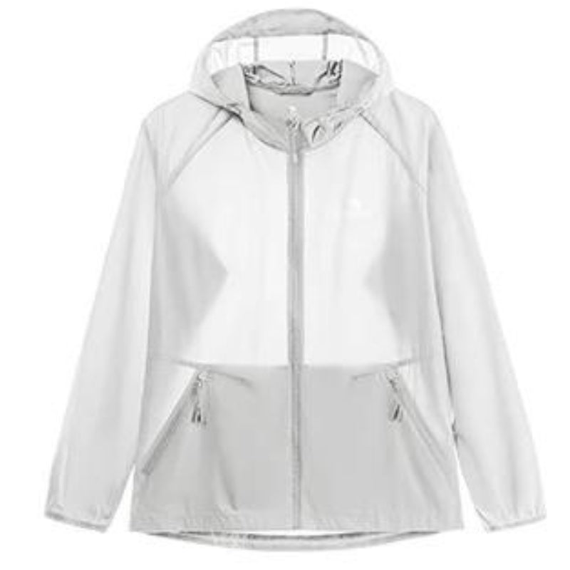 Cortavientos de mujer ligero y fino;
Ropa deportiva con capucha, Protección UPF 50+, gris.