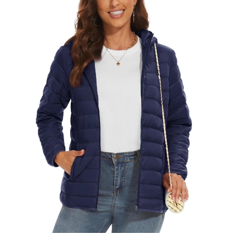 Chaqueta acolchada larga para mujer con capucha no extraíble color azul