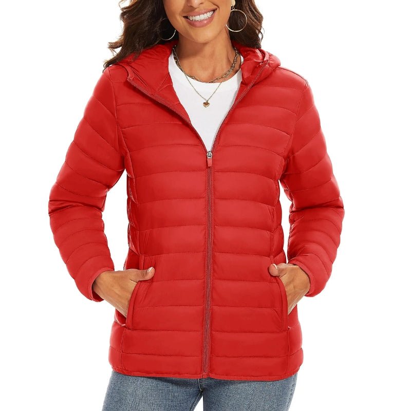 Chaqueta acolchada larga para mujer con capucha no extraíble color rojo