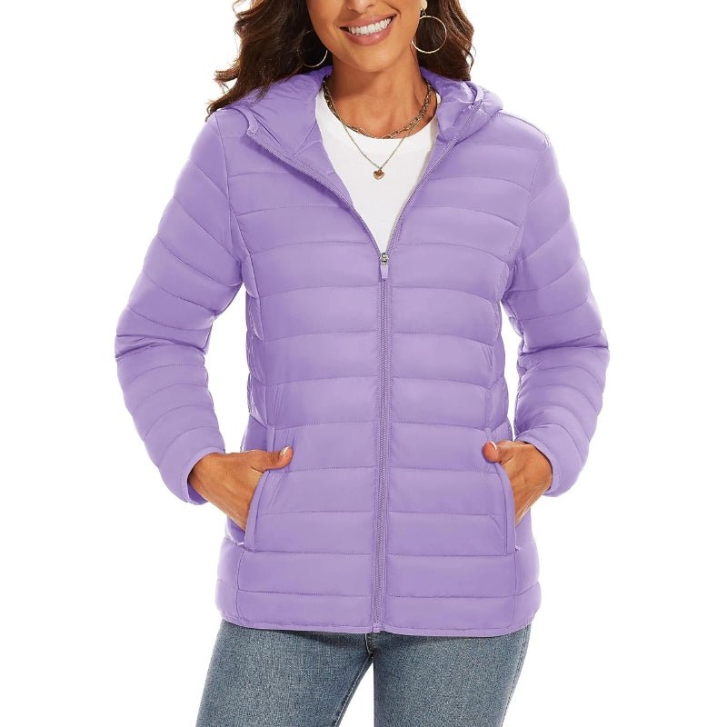 Chaqueta acolchada larga para mujer con capucha no extraíble color lila