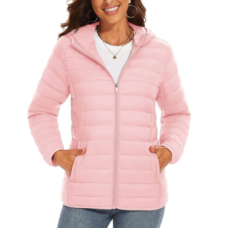 Chaqueta acolchada larga para mujer con capucha no extraíble color rosa