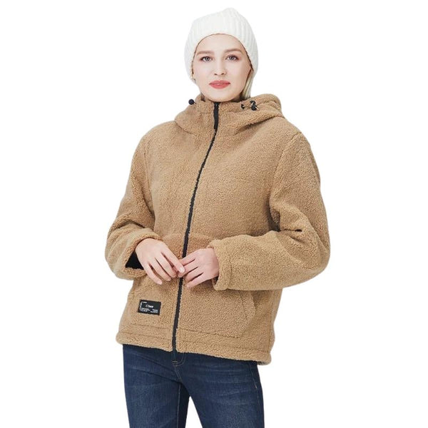 Chaqueta de mujer en tejido sherpa, cuello alto, capucha, bolsillo interior con cremallera, color marrón