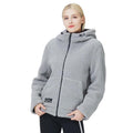 Chaqueta de mujer en tejido sherpa, cuello alto, capucha, bolsillo interior con cremallera, color gris