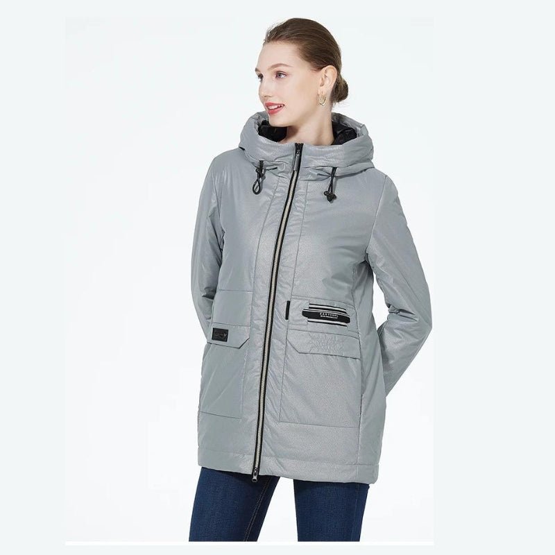 Chaqueta cortavientos con capucha para mujer, con bolsillos interiores y exteriores, color gris