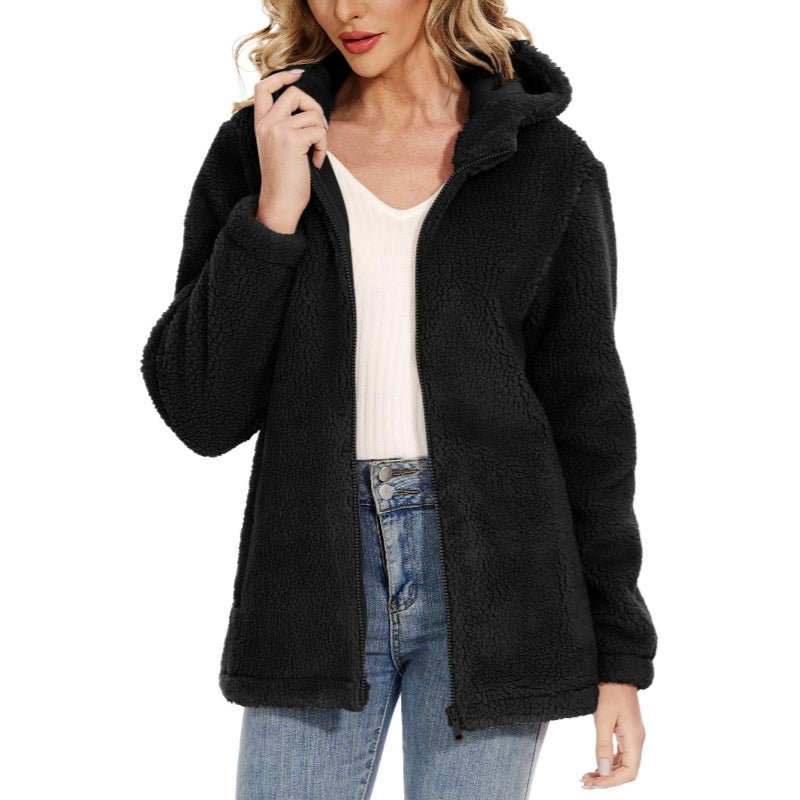 Chaqueta Sherpa para mujer con capucha, cremallera y bolsillos negro