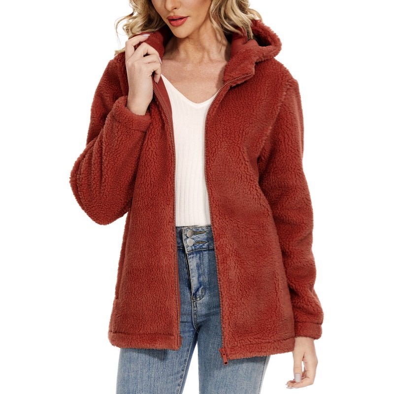 Chaqueta Sherpa para mujer con capucha, cremallera y bolsillos rojo