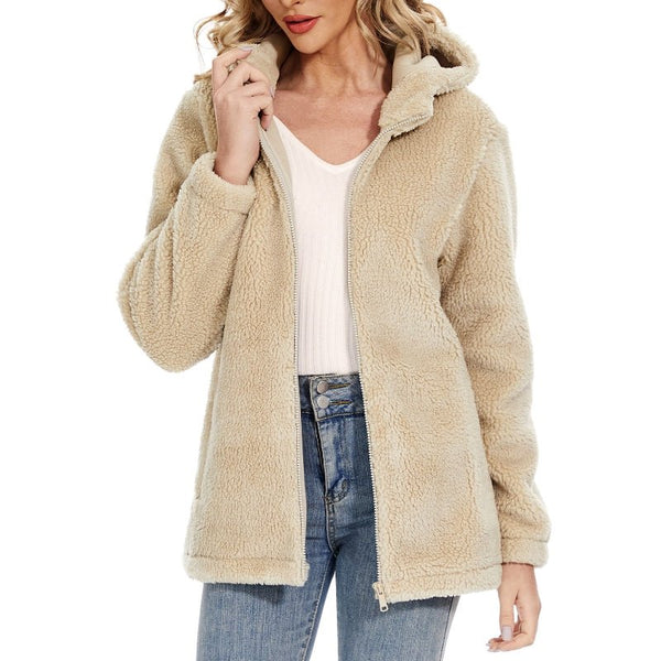 Chaqueta Sherpa para mujer con capucha, cremallera y bolsillos caqui