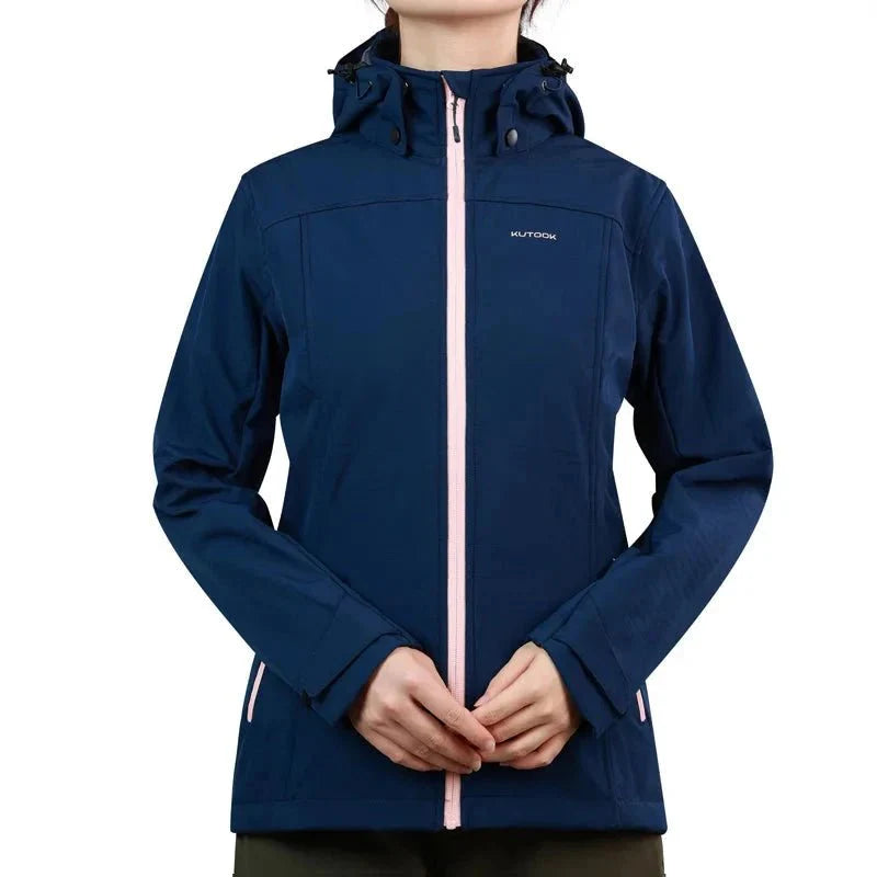 Chaqueta impermeable con forro polar para mujer con capucha extraíble azul