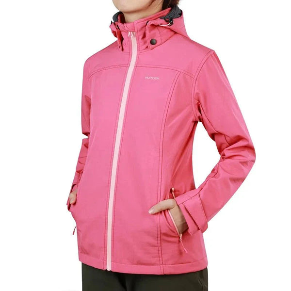 Chaqueta impermeable con forro polar para mujer con capucha extraíble rosa