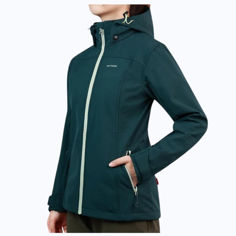 Chaqueta impermeable con forro polar para mujer con capucha extraíble verde